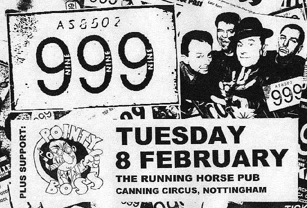 Gig poster, Pointy Boss supporting 999 at the Running Horse, Nottingham, 8 February 2000